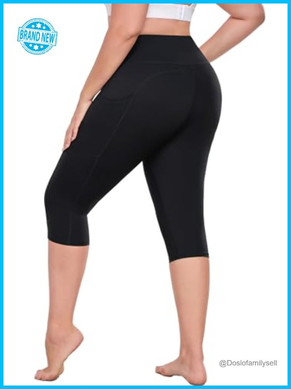 Plus Size Capri Yoga Pants Knee Length Side Pockets High Waist Tummy Control